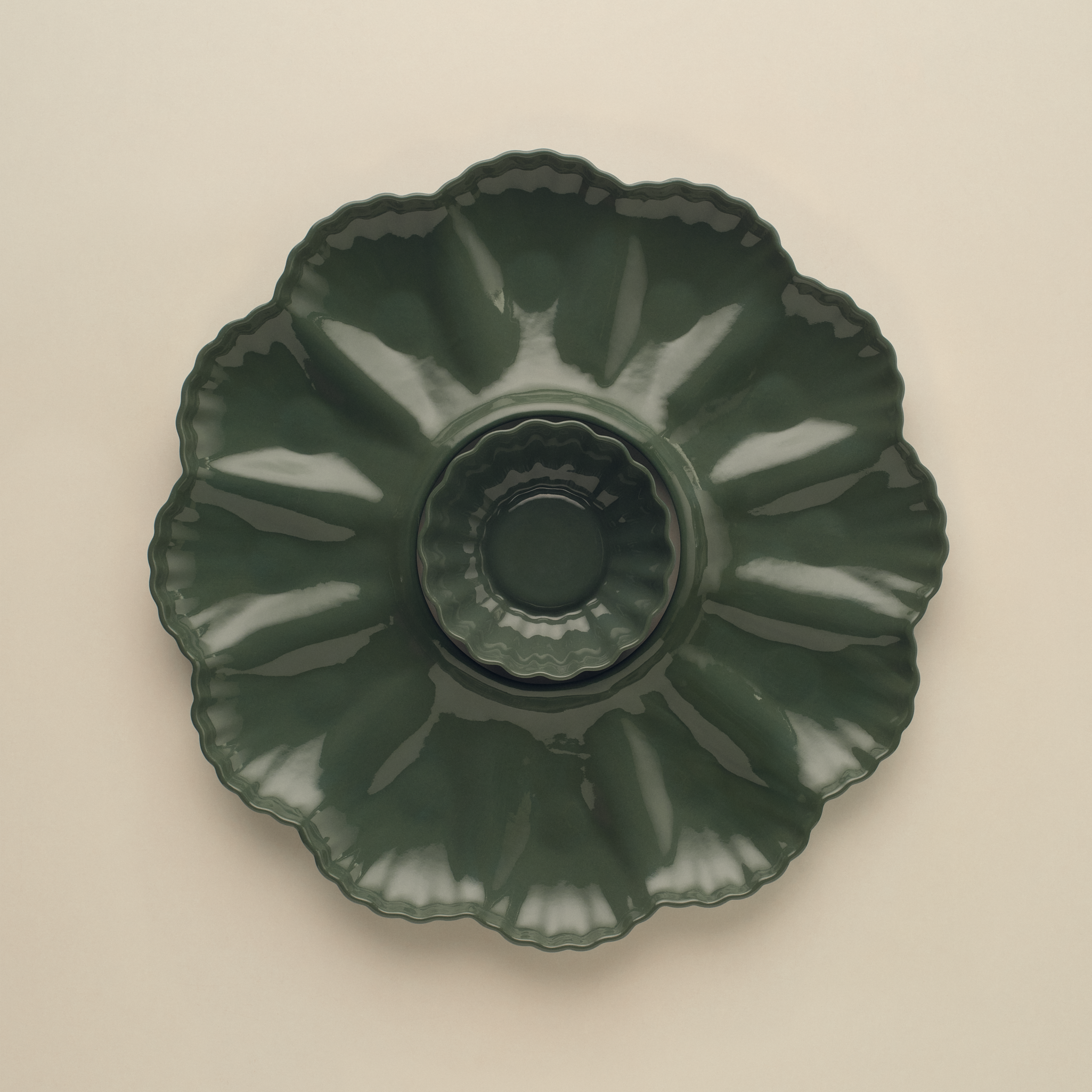 Mother of Pearl Oyster Plate Dozen and Bowl in Dark Forest Green Set