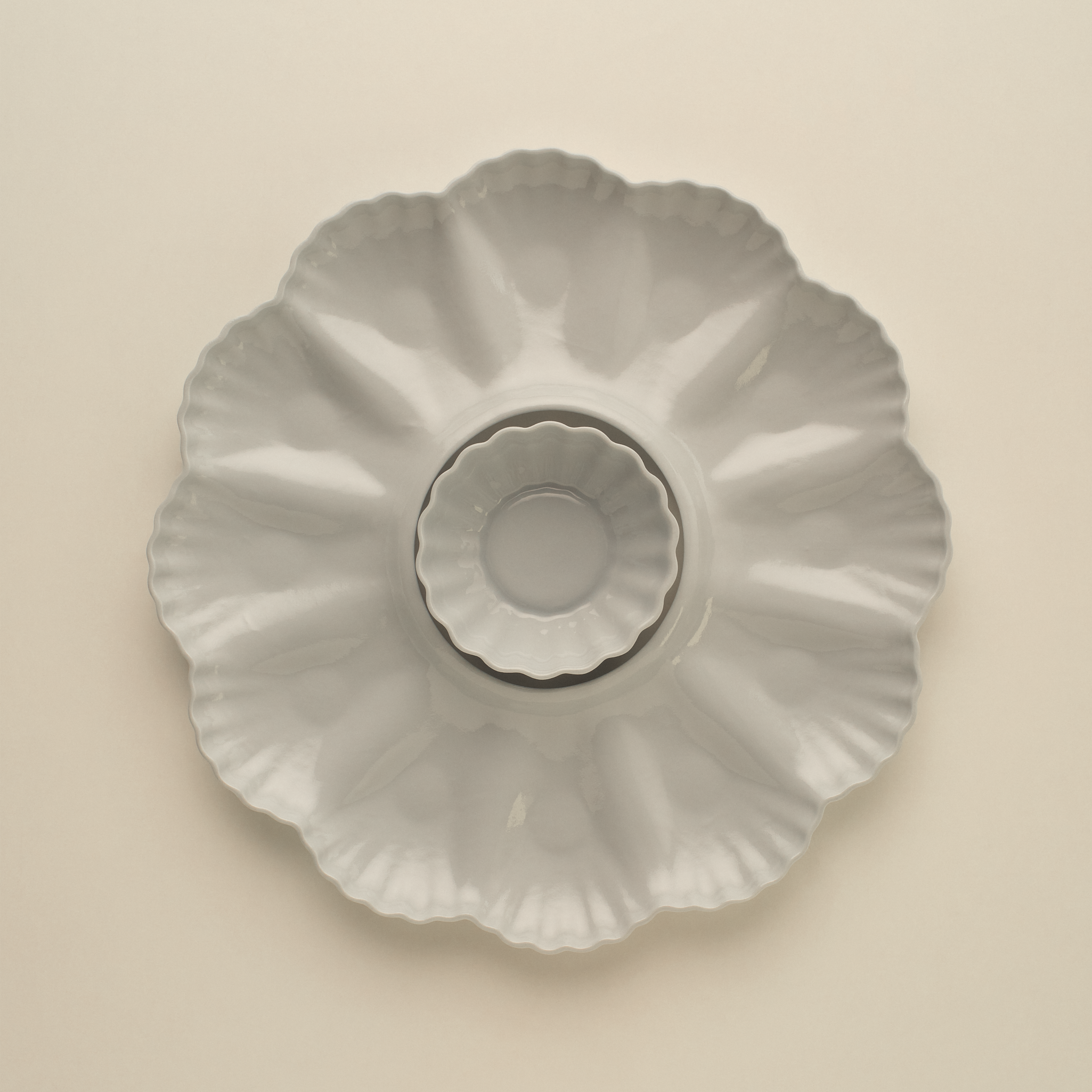 Mother of Pearl Oyster Plate Dozen and Bowl in Light Blue Grey