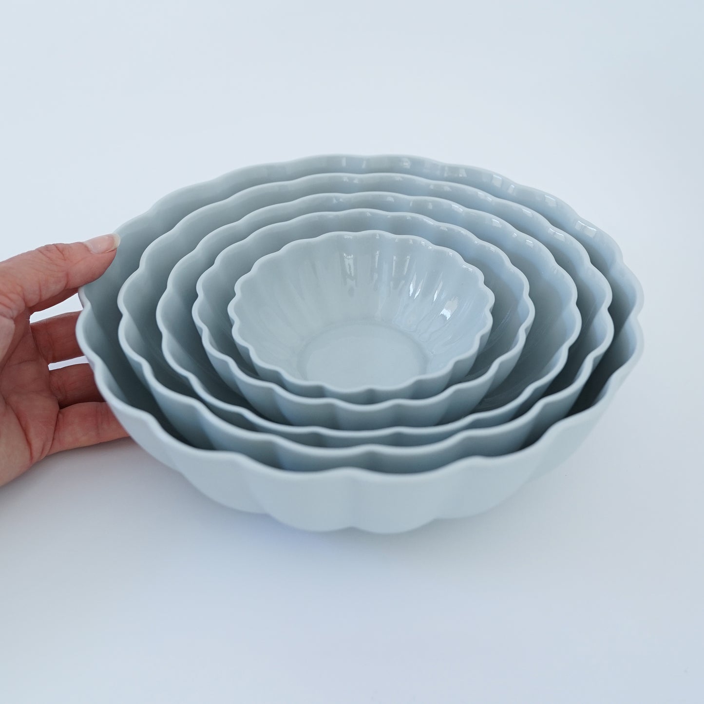 Complete set of 5 Fern Nesting Bowls in Light Blue Grey
