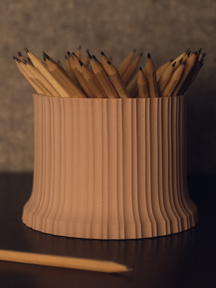 Whispery Pink Desk Caddy close up with pencils. Photograph by Sarah Forgie