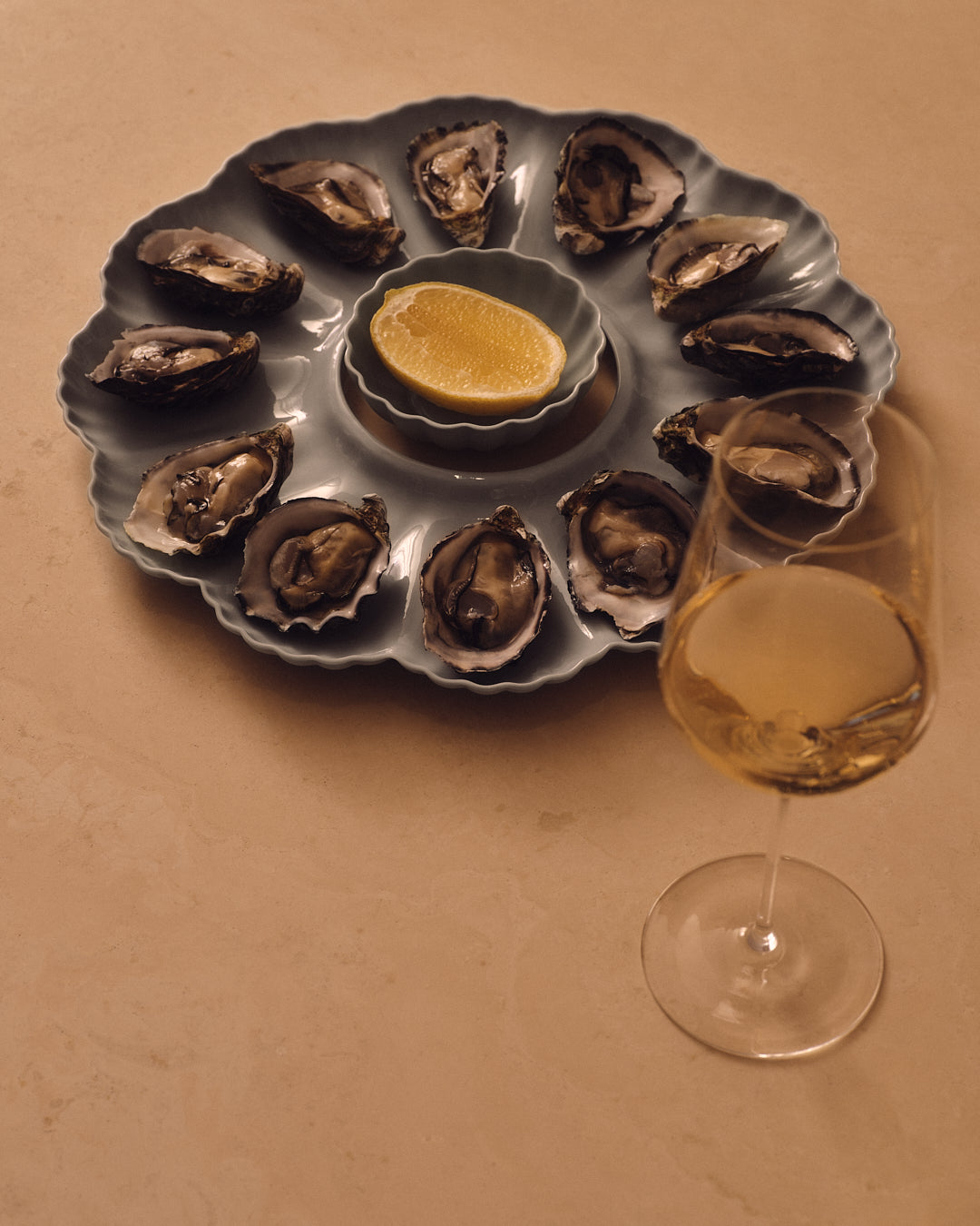 Mother of Pearl Oyster Plate · Dozen Set · Light Blue Grey
